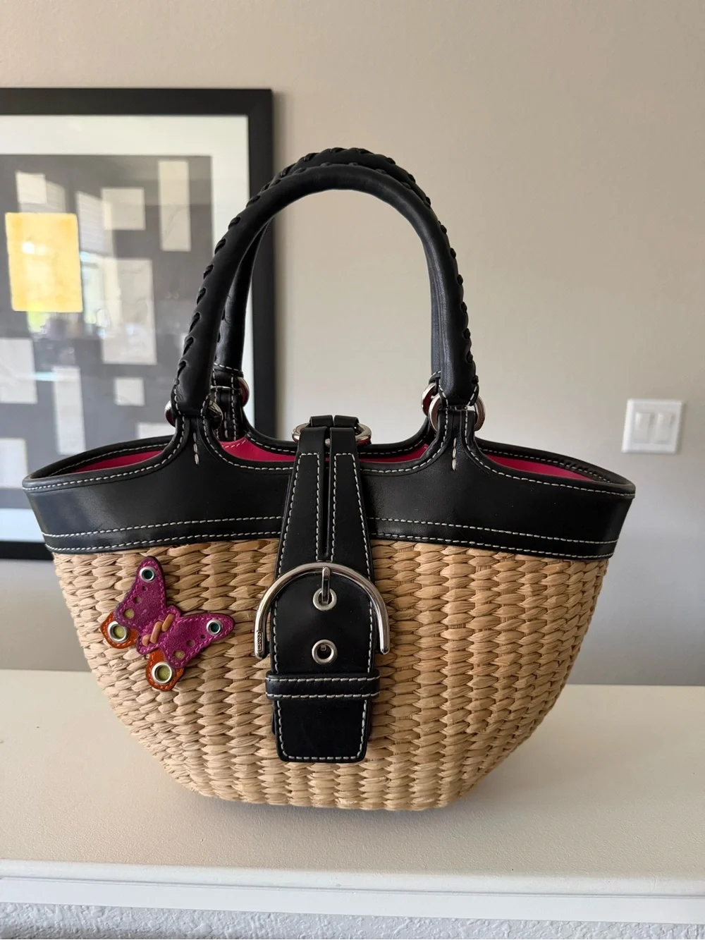 Coach Straw Tote with Black Trim and Pink Interior Accent - Picture 1 of 13